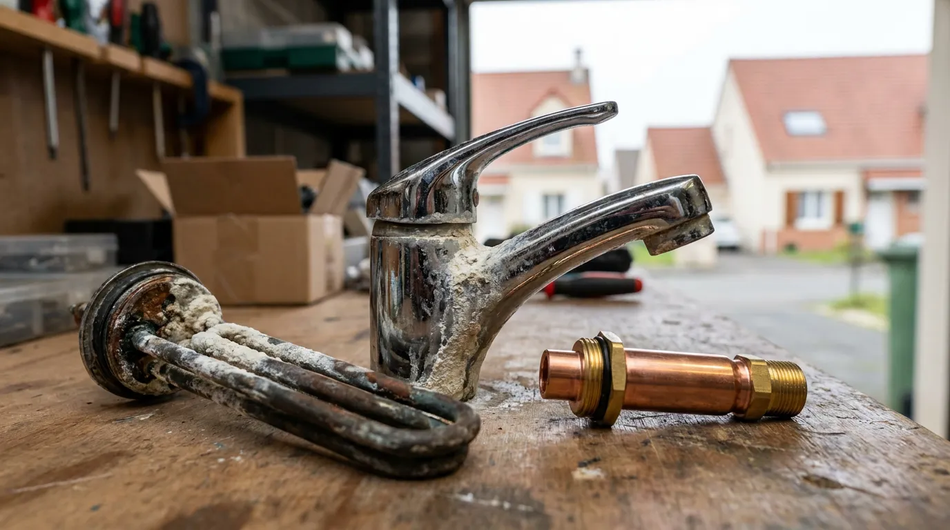 Résistance de chauffe-eau couverte de calcaire à cause de l'eau dure de Bondoufle