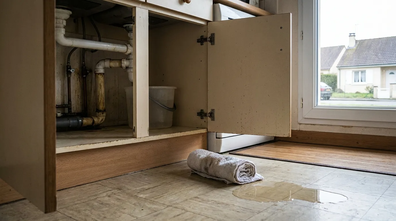 Mur humide et auréole d'une fuite d'eau dans un pavillon de Bondoufle