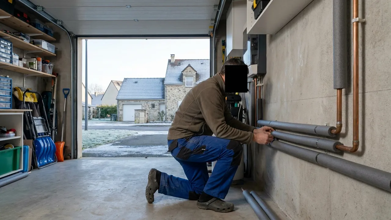 Manchons isolants posés sur les canalisations du garage d'un pavillon de Bondoufle avant l'hiver