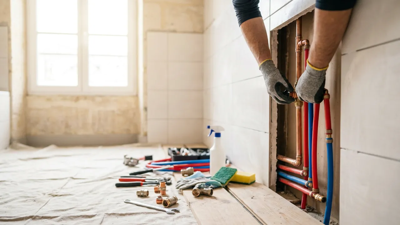 Réseaux cuivre et PER neufs dans une salle de bain en cours de rénovation à Bondoufle