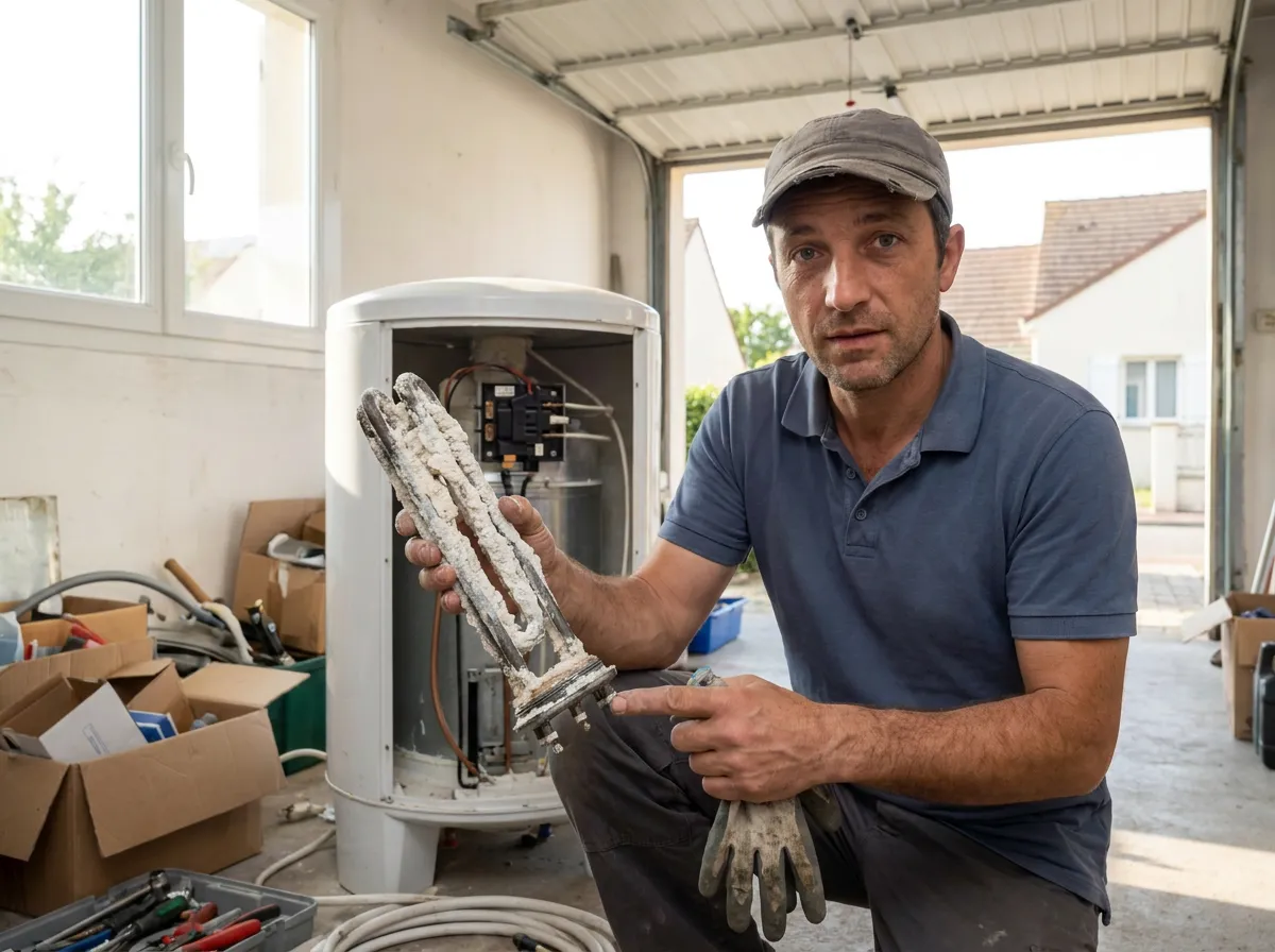 Chauffe-eau entartré par l'eau dure de Bondoufle (24,4°f) en cours de détartrage